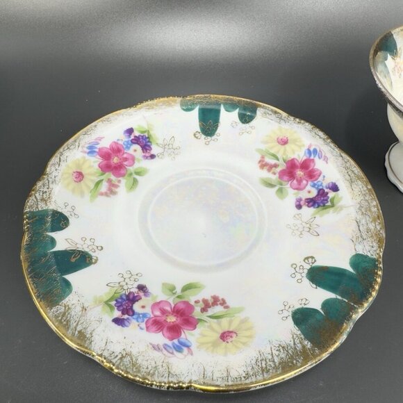 Vintage German Porcelain Teacup And Saucer Set Flower Pattern Gold Accent Decor - Picture 9 of 12